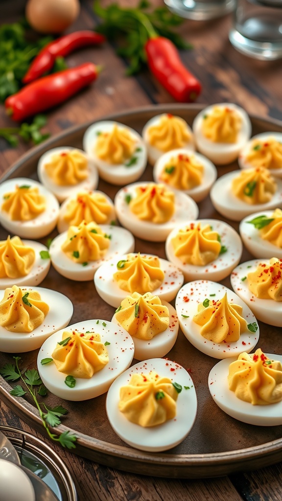 A platter of deviled eggs garnished with paprika and herbs, set on a rustic wooden table.